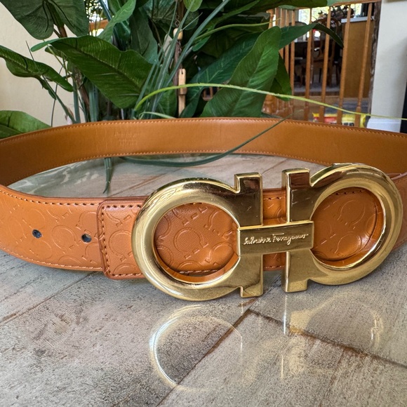 Salvatore Ferragamo Cognac Leather Belt with Gold Double Gancini Buckle - Picture 1 of 7